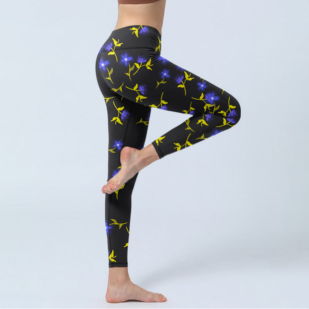 Buddha Stones Blue Flower Leaves Pattern Print Gym Leggings Women's Yoga Pants