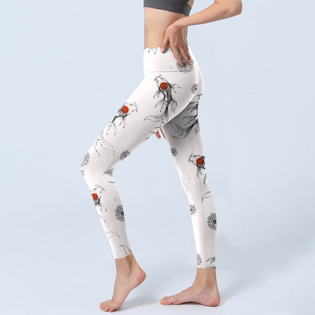 Buddha Stones Koi Fish Chrysanthemum Pattern Print Gym Leggings Women's Yoga Pants