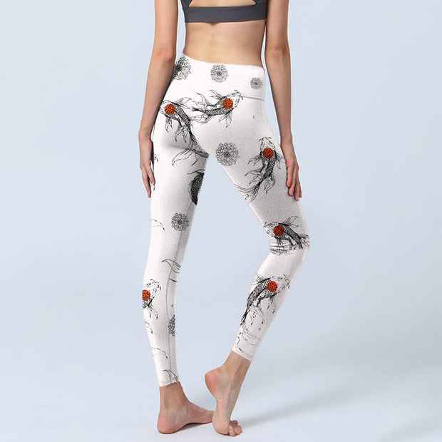 Buddha Stones Koi Fish Chrysanthemum Pattern Print Gym Leggings Women's Yoga Pants