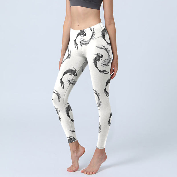 Buddha Stones YinYang Koi Fish Pattern Print Gym Leggings Women's Yoga Pants