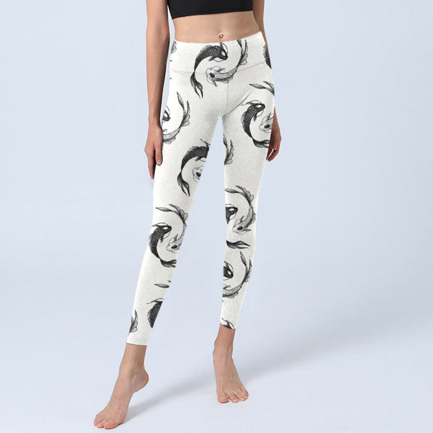 Buddha Stones YinYang Koi Fish Pattern Print Gym Leggings Women's Yoga Pants