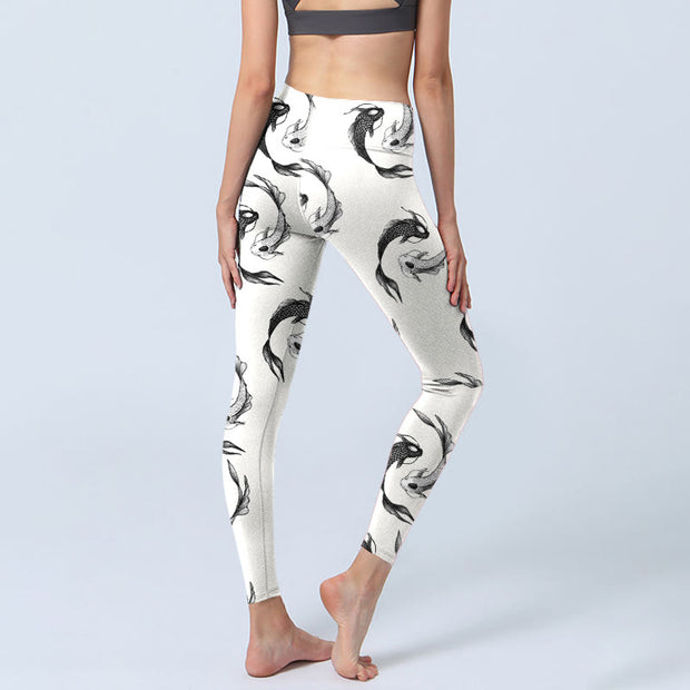 Buddha Stones YinYang Koi Fish Pattern Print Gym Leggings Women's Yoga Pants