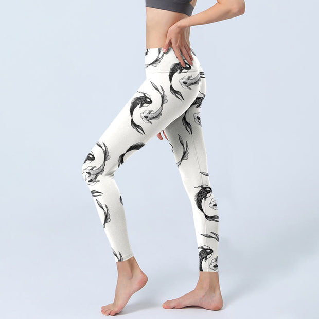 Buddha Stones YinYang Koi Fish Pattern Print Gym Leggings Women's Yoga Pants