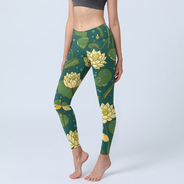 Buddha Stones Blooming Lotus Flower Lotus Leaves Pattern Print Gym Leggings Women's Yoga Pants