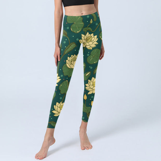 Buddha Stones Blooming Lotus Flower Lotus Leaves Pattern Print Gym Leggings Women's Yoga Pants - image 6