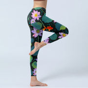 Buddha Stones Blooming Light Purple Lotus Flower Lotus Leaves Koi Fish Pattern Print Gym Leggings Women's Yoga Pants - image 5