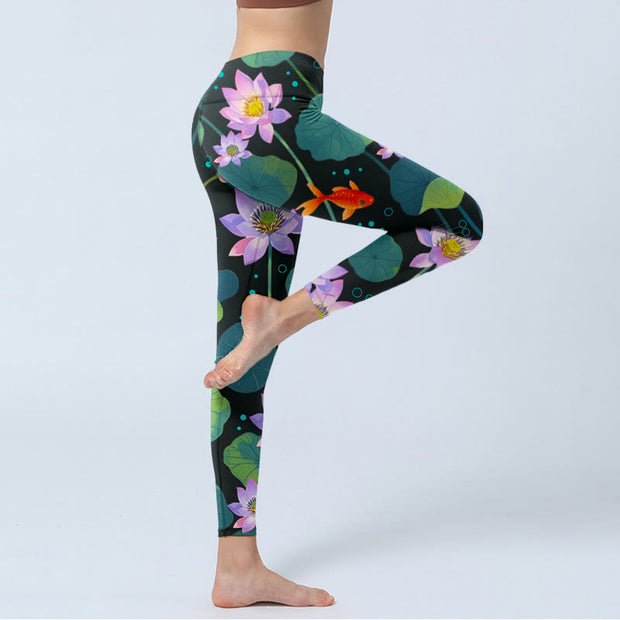 Buddha Stones Blooming Light Purple Lotus Flower Lotus Leaves Koi Fish Pattern Print Gym Leggings Women's Yoga Pants - image 5