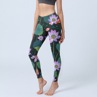 Buddha Stones Blooming Light Purple Lotus Flower Lotus Leaves Koi Fish Pattern Print Gym Leggings Women's Yoga Pants - Black - US18，UK/AU22，EU50 (4XL) - image 1