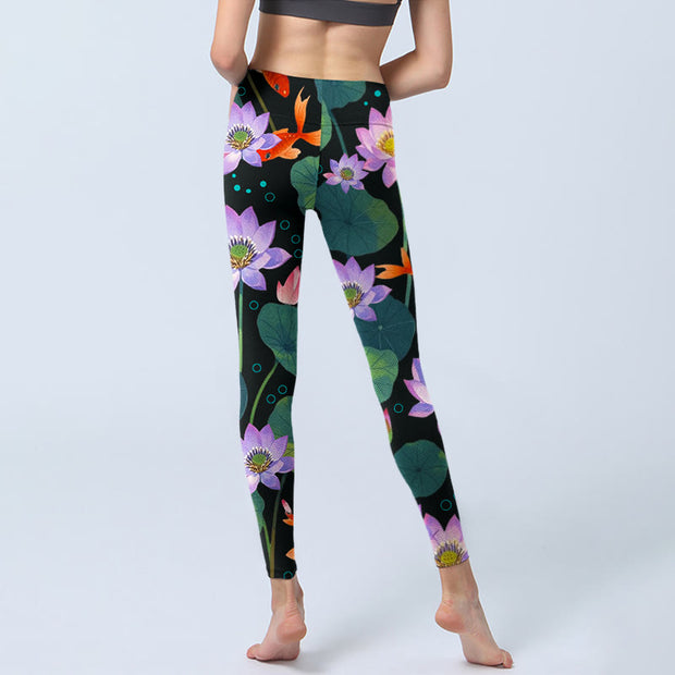 Buddha Stones Blooming Light Purple Lotus Flower Lotus Leaves Koi Fish Pattern Print Gym Leggings Women's Yoga Pants - image 7