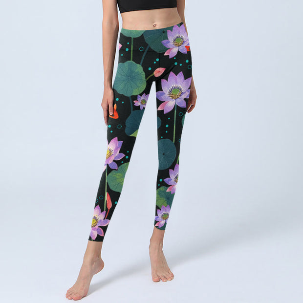 Buddha Stones Blooming Light Purple Lotus Flower Lotus Leaves Koi Fish Pattern Print Gym Leggings Women's Yoga Pants - image 6