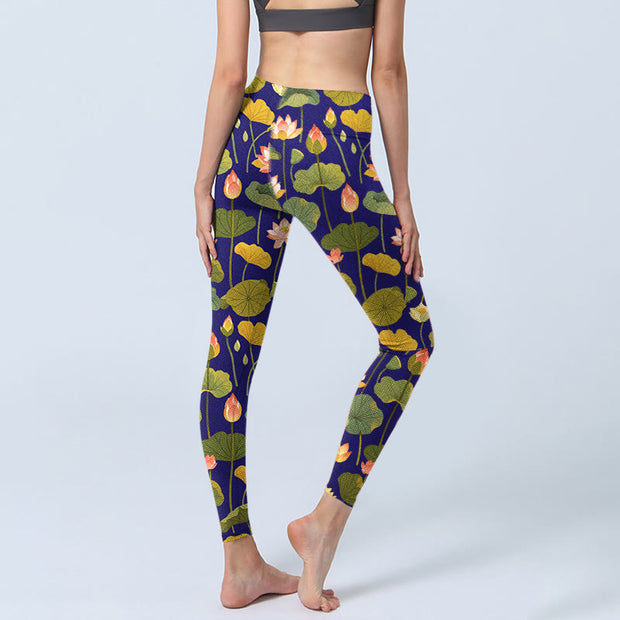 Buddha Stones Blooming Pink White Lotus Flower Lotus Leaves Pattern Print Gym Leggings Women's Yoga Pants