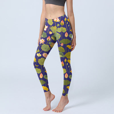 Buddha Stones Blooming Pink White Lotus Flower Lotus Leaves Pattern Print Gym Leggings Women's Yoga Pants