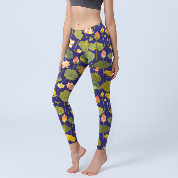 Buddha Stones Blooming Pink White Lotus Flower Lotus Leaves Pattern Print Gym Leggings Women's Yoga Pants