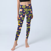 Buddha Stones Blooming Pink White Lotus Flower Lotus Leaves Pattern Print Gym Leggings Women's Yoga Pants