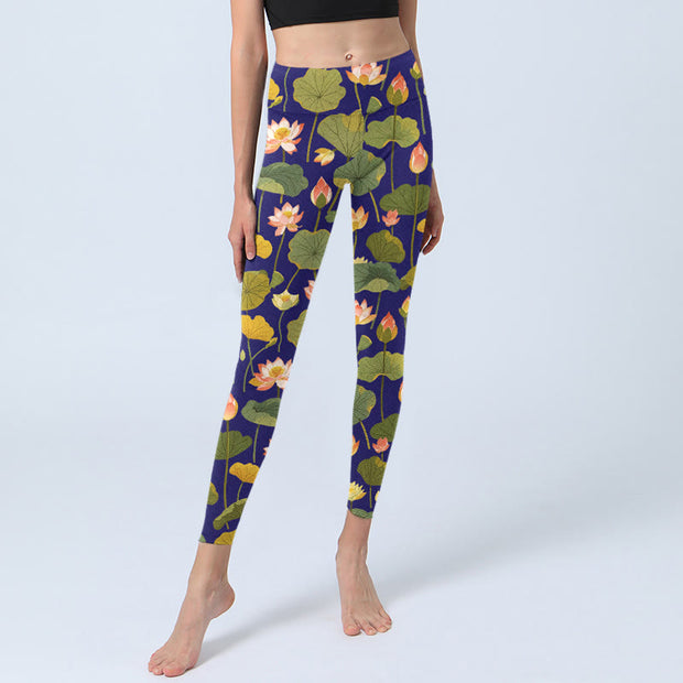 Buddha Stones Blooming Pink White Lotus Flower Lotus Leaves Pattern Print Gym Leggings Women's Yoga Pants