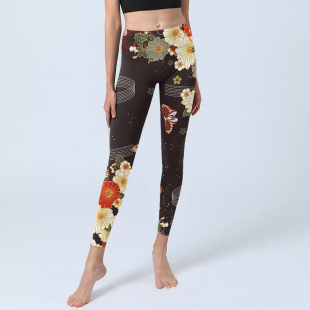 Buddha Stones Floral Butterfly Pattern Print Gym Leggings Women's Yoga Pants