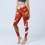 Buddha Stones Crane Mount Fuji Pine Tree Pattern Print Gym Leggings Women's Yoga Pants - Crimson - US18，UK/AU22，EU50 (4XL) - image 1