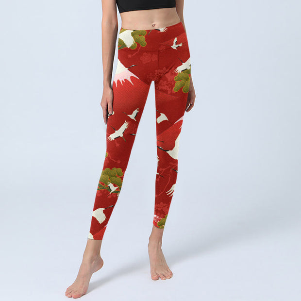 Buddha Stones Crane Mount Fuji Pine Tree Pattern Print Gym Leggings Women's Yoga Pants