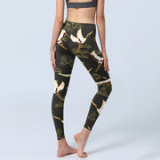 Buddha Stones Soaring Crane Pine Tree Pattern Print Gym Leggings Women's Yoga Pants