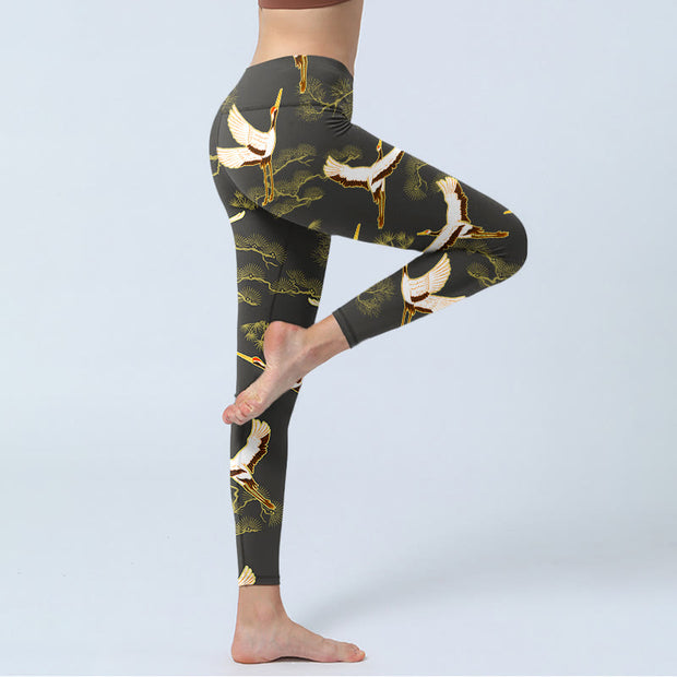 Buddha Stones Soaring Crane Pine Tree Pattern Print Gym Leggings Women's Yoga Pants