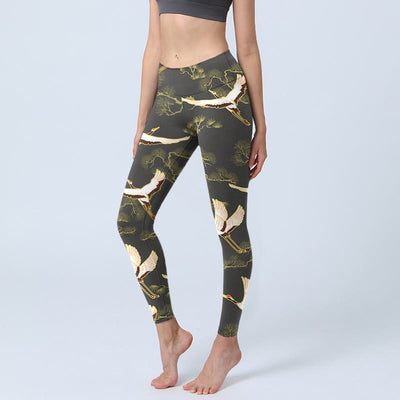 Buddha Stones Soaring Crane Pine Tree Pattern Print Gym Leggings Women's Yoga Pants