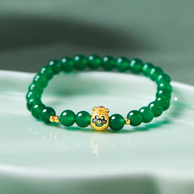 Buddha Stones 999 Sterling Silver Lucky Bag Green Chalcedony Calm Bracelet