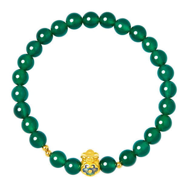 Buddha Stones 999 Sterling Silver Lucky Bag Green Chalcedony Calm Bracelet