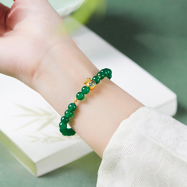 Buddha Stones 999 Sterling Silver Lucky Bag Green Chalcedony Calm Bracelet