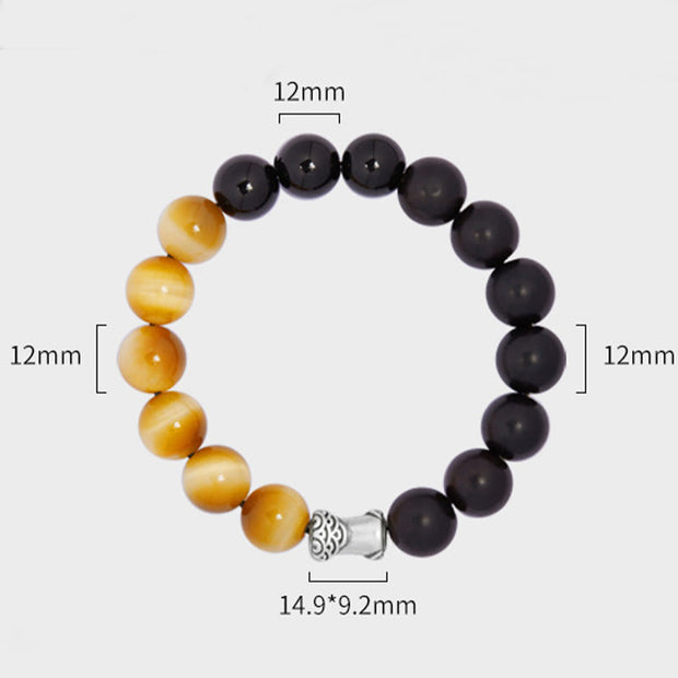 Buddha Stones 999 Sterling Silver Ebony Tiger Eye Black Obsidian Relax Bracelet