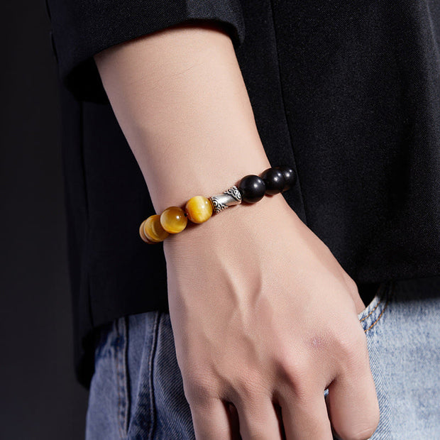 Buddha Stones 999 Sterling Silver Ebony Tiger Eye Black Obsidian Relax Bracelet