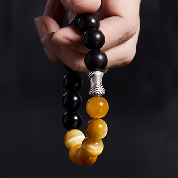 Buddha Stones 999 Sterling Silver Ebony Tiger Eye Black Obsidian Relax Bracelet