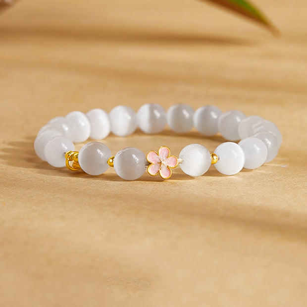 Buddha Stones 925 Sterling Silver Natural Peach Blossom White Cat's Eye Positive Bracelet