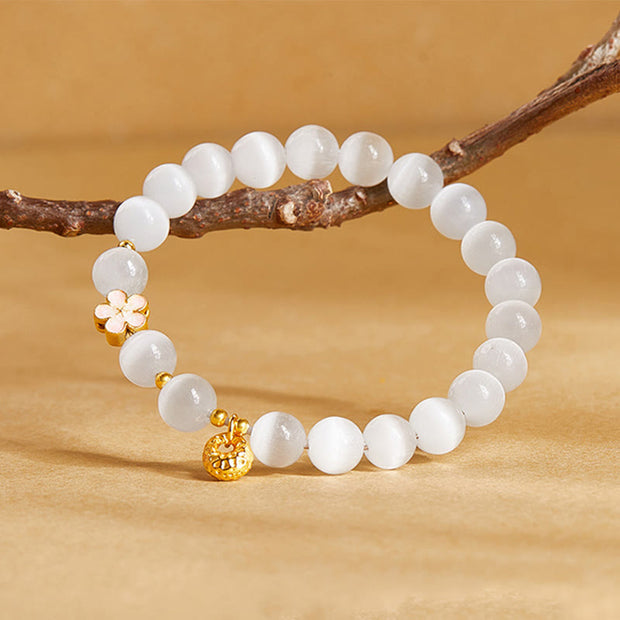 Buddha Stones 925 Sterling Silver Natural Peach Blossom White Cat's Eye Positive Bracelet