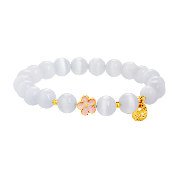 Buddha Stones 925 Sterling Silver Natural Peach Blossom White Cat's Eye Positive Bracelet