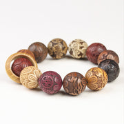 Buddha Stones Carving Sandalwood Chinese Zodiac Auspicious Dragon Phoenix Fu Character Healing Bracelet