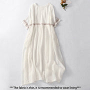Buddha Stones Solid Color Embroidery Short Sleeve Cotton Midi Dress - image 2