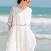 Buddha Stones Solid Color Embroidery Short Sleeve Cotton Midi Dress - image 15