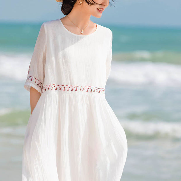 Buddha Stones Solid Color Embroidery Short Sleeve Cotton Midi Dress - image 15