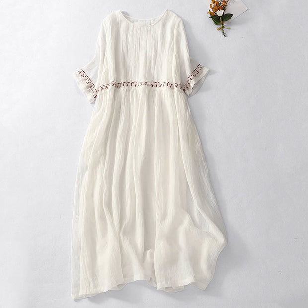 Buddha Stones Solid Color Embroidery Short Sleeve Cotton Midi Dress - White - US12，UK/AU16，EU44 (2XL) - image 5