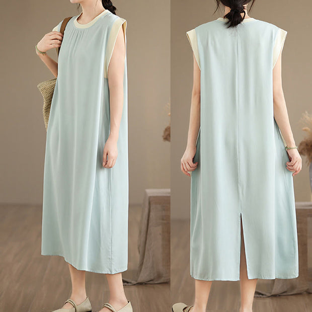 Buddha Stones Pure Color Slit Design Sleeveless Cotton Maxi Dress With Pockets