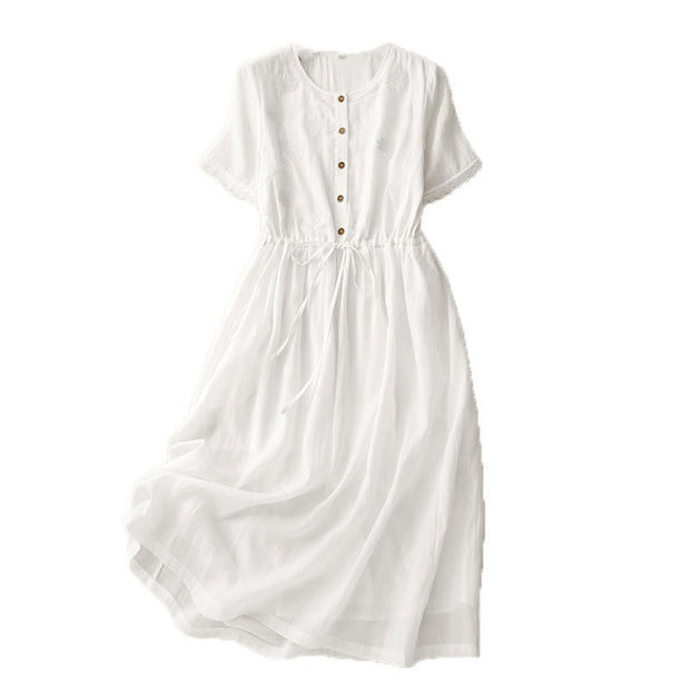 Buddha Stones Commute Embroidery Pleated Button Drawstring Design Cotton Linen Ruffled Short Sleeve Midi Dress, White / US6,UK/AU10,EU38 (XL) Buddha Stones Commute Embroidery Pleated Button Drawstring Design Cotton Linen Ruffled Short Sleeve Midi Dress, White / US6,UK/AU10,EU38 (XL)