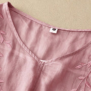Buddha Stones Casual Plain Embroidery Willow Leaf Half Sleeve V-neck Women's Shirt