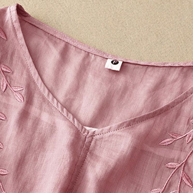 Buddha Stones Casual Plain Embroidery Willow Leaf Half Sleeve V-neck Women's Shirt