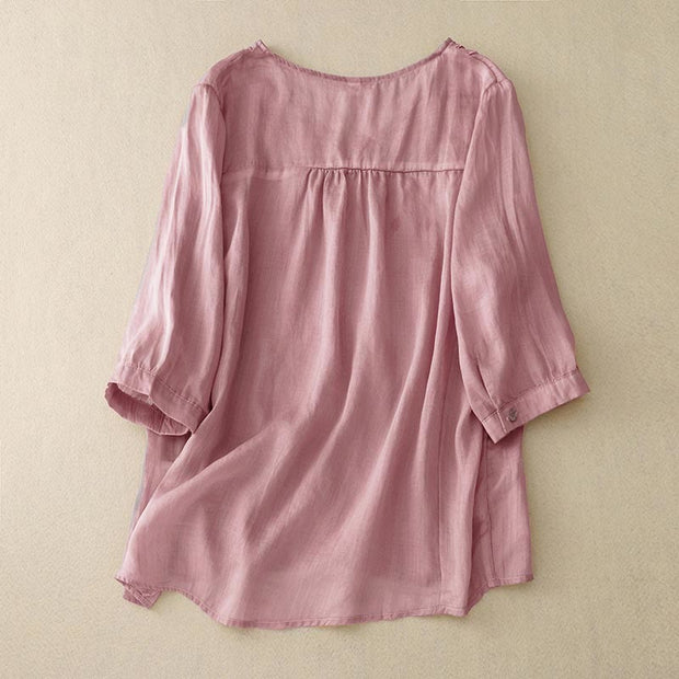 Buddha Stones Casual Plain Embroidery Willow Leaf Half Sleeve V-neck Women's Shirt