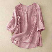 Buddha Stones Casual Plain Embroidery Willow Leaf Half Sleeve V-neck Women's Shirt
