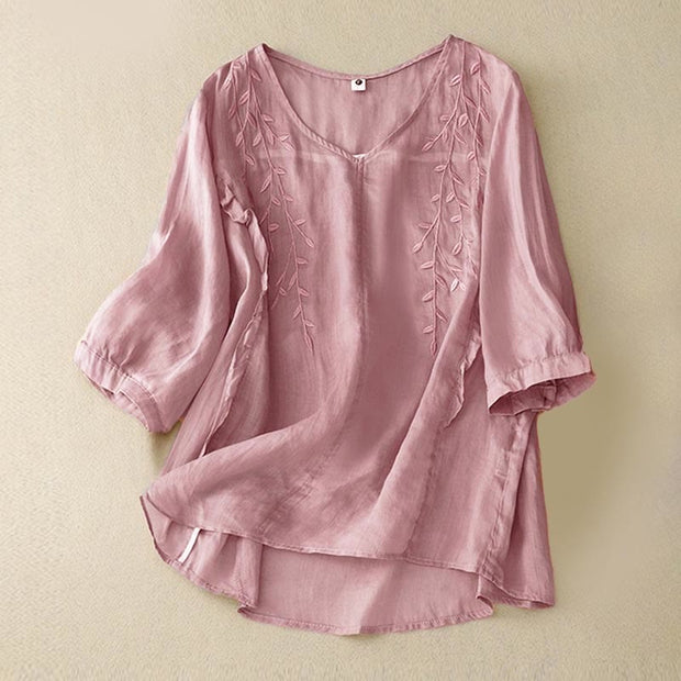 Buddha Stones Casual Plain Embroidery Willow Leaf Half Sleeve V-neck Women's Shirt
