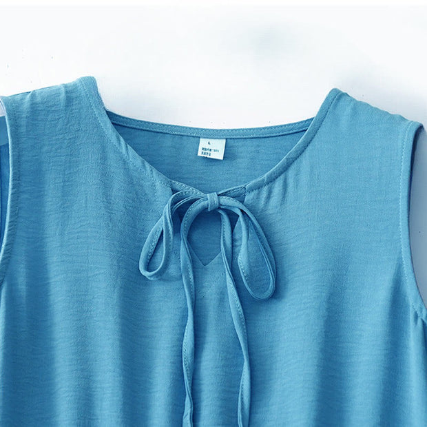 Buddha Stones Casual Plain Handmade Lace-up Midi Dress Cotton Linen Sleeveless Dress With Pockets