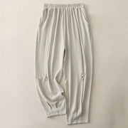 Buddha Stones Commute Casual Plain Frog-Button Design Women's Harem Cotton Linen 7-8 Length Pants With Pockets