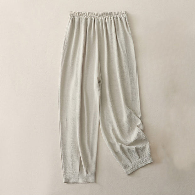 Buddha Stones Commute Casual Plain Frog-Button Design Women's Harem Cotton Linen 7-8 Length Pants With Pockets