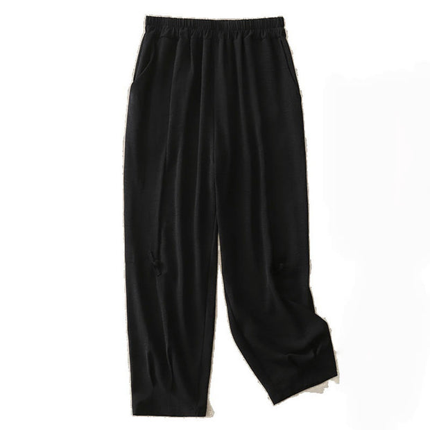 Buddha Stones Commute Casual Plain Frog-Button Design Women's Harem Cotton Linen 7-8 Length Pants With Pockets